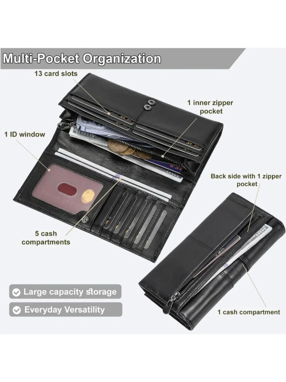 Men's Genuine Leather Bifold Wallet - Large Capacity, Zipper Coin Pocket, Card